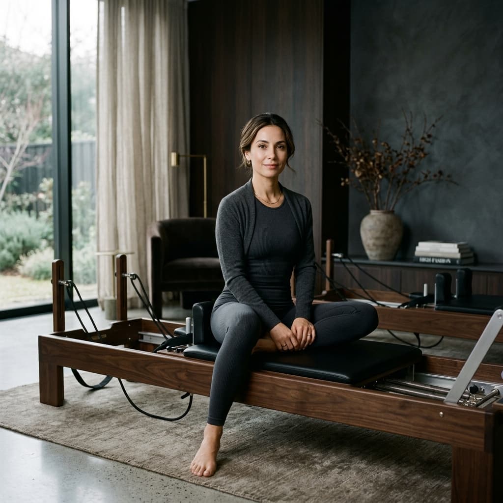 Instructor seated on a dark wood reformer in a cinematic neutral studio