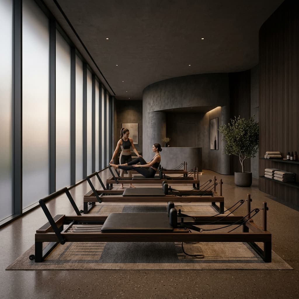 A cinematic luxury Pilates studio interior with modern architecture and moody lighting