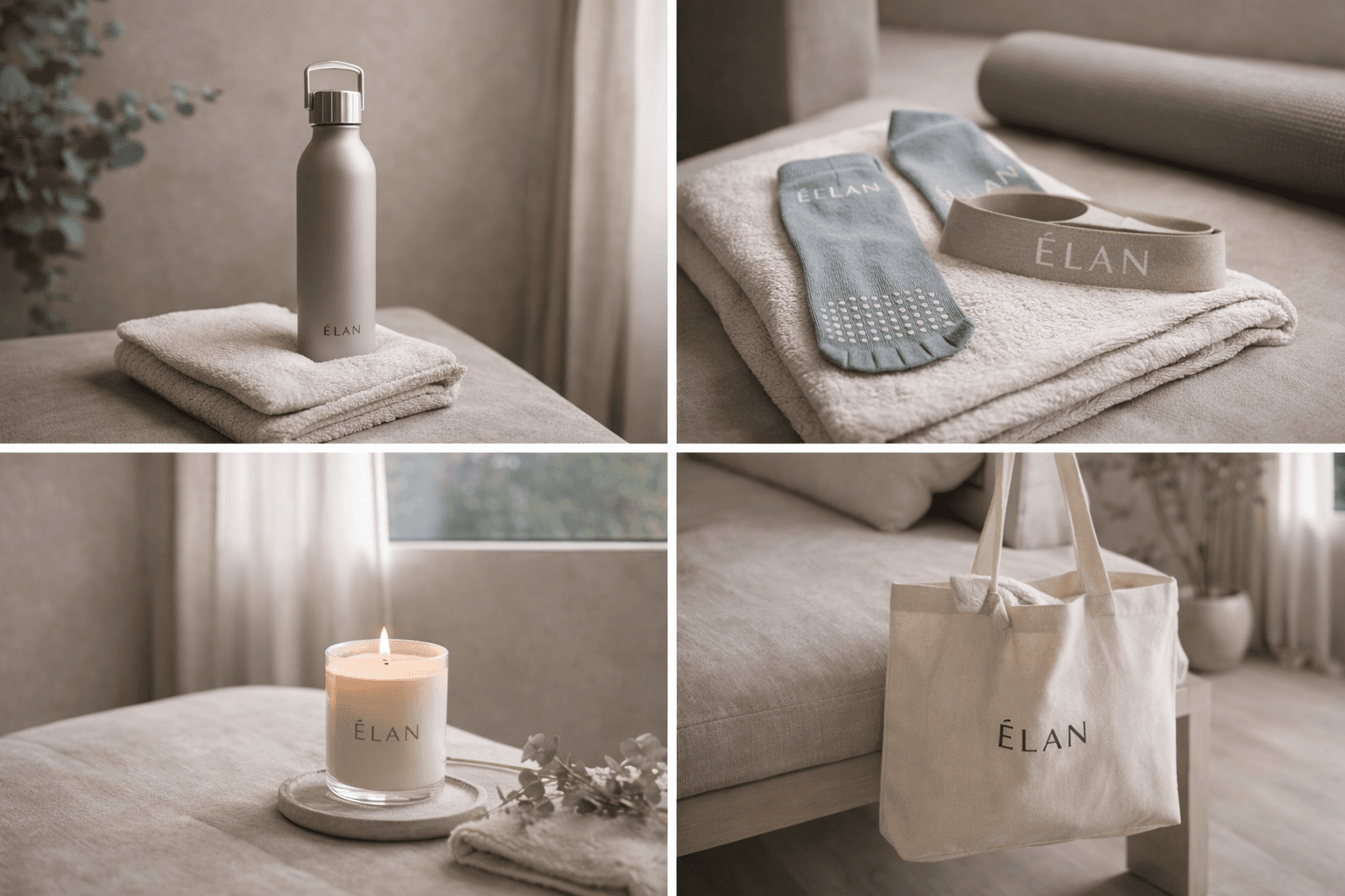 ELAN movement essentials including socks, bottle, band, candle, and tote