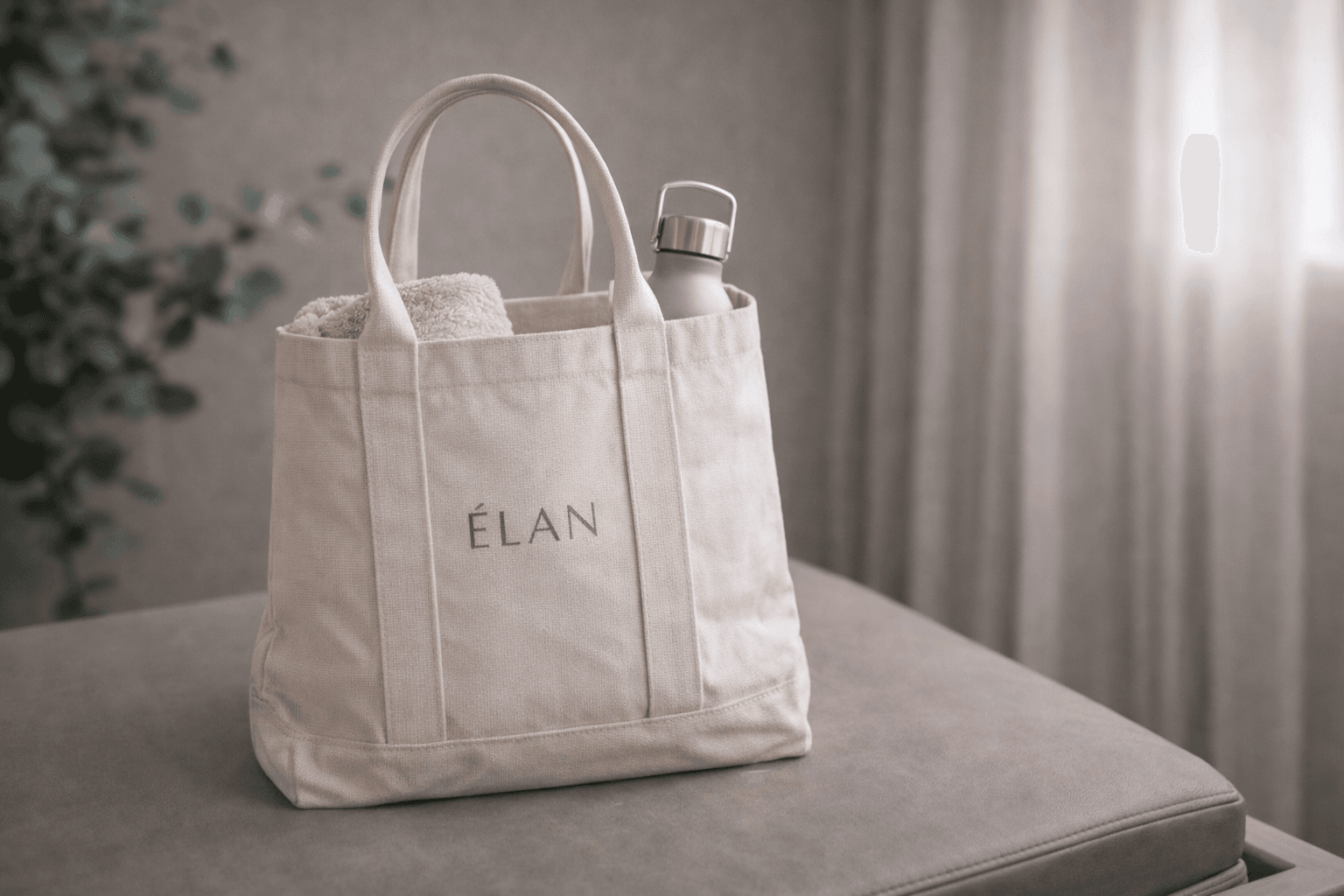 ELAN canvas studio tote with towel and bottle