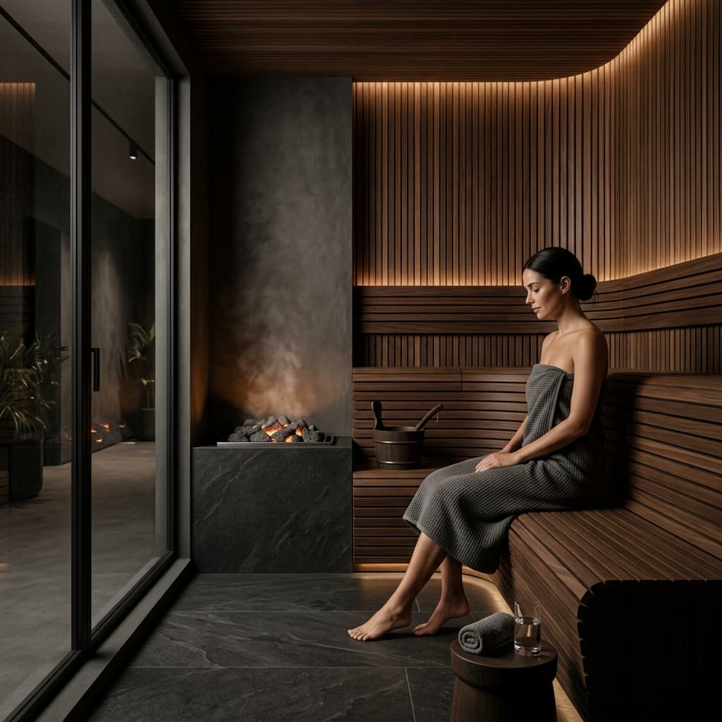 Warm minimalist sauna interior featuring rich cedar and soft lighting
